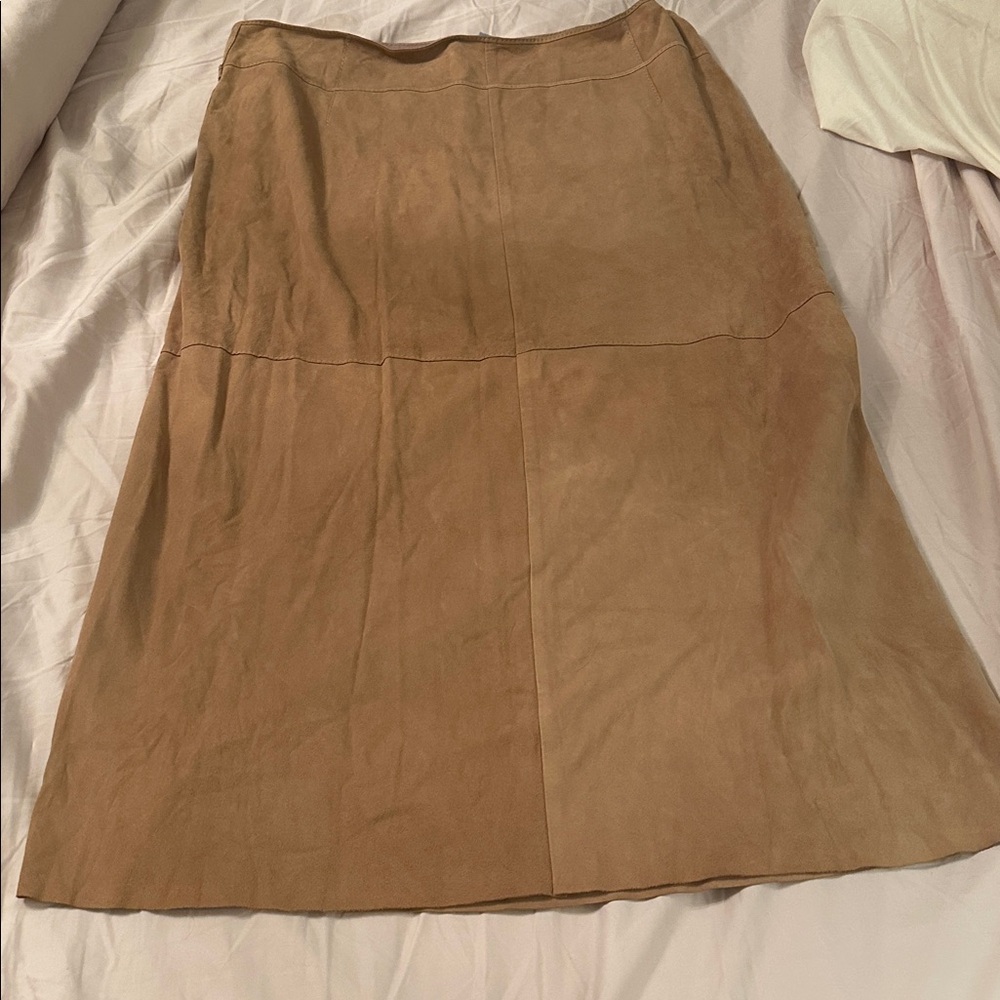 STRENESSE goat suede wrap skirt knee Tan A-Line nwot - Picture 6 of 12